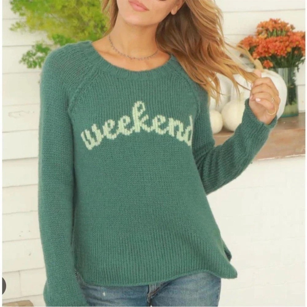 Wooden Ships "WEEKEND" Raglan Crew Chunky Mohair Blnd Green Sweater S/M Casual